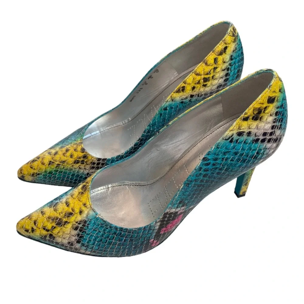 Y2K FREE LANCE Leather Multicolor Snakeskin Heels - Picture 1 of 16